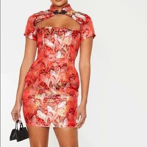 Red Print High Neck Jacquard Bodycon Dress
